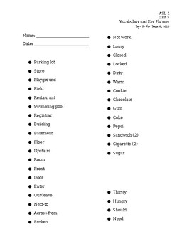 Preview of ASL Level 1- Unit 7 Vocabulary List