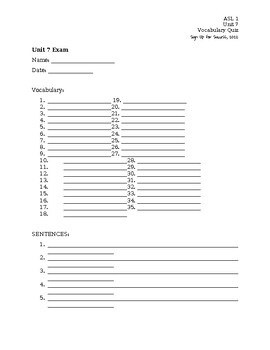 Preview of ASL Level 1- Unit 7 Vocabulary Quiz with Answer Key