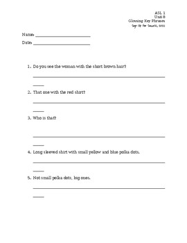 Preview of ASL Level 1- Unit 8 Glossing Key Phrases Worksheet