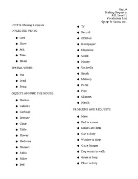 Preview of ASL Level 1- Unit 9 Vocabulary Handout