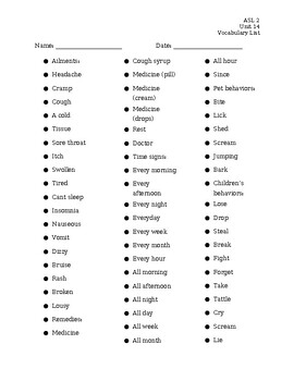 Preview of ASL Level 2- Unit 14 Vocabulary Handout