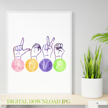 Preview of ASL Love Poster - American Sign Language Watercolor Wall Art