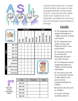 Preview of ASL Sign Language Interpreting/Deaf - Critical Thinking Grid Logic Puzzle
