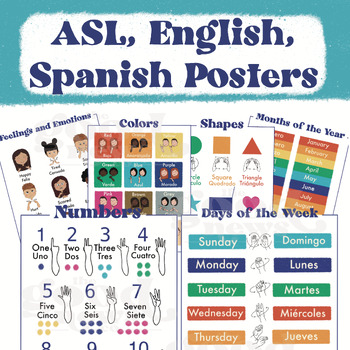 Preview of ASL, Spanish, English Posters: Months, Days, numbers, shapes, emotions, colors