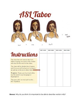 Preview of ASL Taboo Game FUN! Instructions ASL specific and 60 words