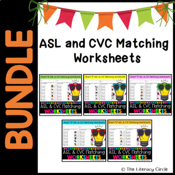 Preview of ASL and CVC Matching Worksheets (Short a e i o u)  Bundle