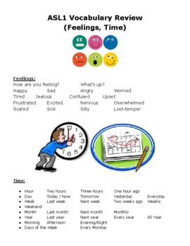 Preview of ASL1 Vocabulary Review - Time Concepts & Feeling Words