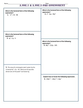 Preview of A.SSE.1 and 2 Pre AND Post Assessment/Test Algebra 1 Common Core