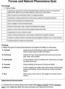 Preview of ASSESSMENT Grade 5 Ontario Science Forces Unit Forces and Natural Phenomena