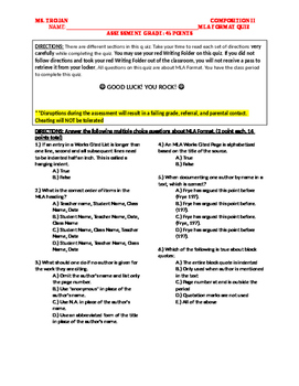 Preview of ASSESSMENT: MLA Format & Citation Test (MC & Short Answer)