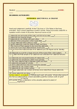 Preview of ASTEROIDS: ASTRONOMY QUIZ FOR H.S.& COLLEGE W/ANS. KEY