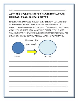 Preview of ASTRONOMY: EXOPLANET: K2-18b/RESEARCH ACTIVITY GRS.8-12, MG, COLLEGE
