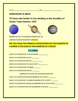 Preview of ASTRONOMY & GEOMETRY: CAN YOU PICTURE THE SIZE OF THE PLANETS?