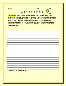 Preview of ASTRONOMY: SCIENCE WRITING PROMPT: THE MOON: SHOULD WE MINE THE MOON?