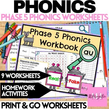 Preview of AU Digraph Phonics Worksheets Phoneme 'au' Long Vowel Diphthong Phase 5