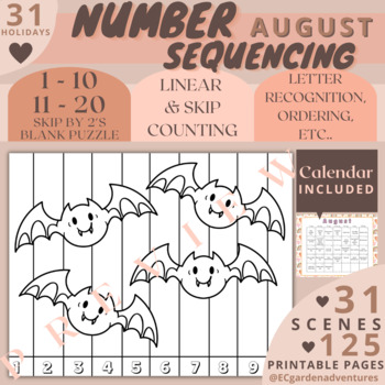 Preview of AUGUST Holidays | Sequencing Puzzle | Number Sense | 1-10 | 11-20 Skip Counting