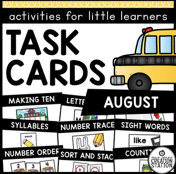 Preview of AUGUST LITERACY AND MATH TASK CARDS FOR CENTERS | PRE-K AND KINDERGARTEN