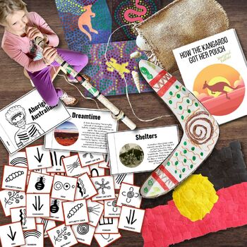 Preview of AUSTRALIA Aboriginal People Study Bundle Boomerang, Dilly Bag Dot Art Didgeridoo