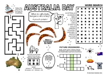 Preview of AUSTRALIA DAY, Puzzle Placemat, crossword puzzles, UK English A4 printable