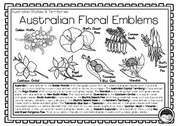 Quagmire Øjeblik Mig AUSTRALIAN FLORA floral emblems - 1 pg information and colouring sheet