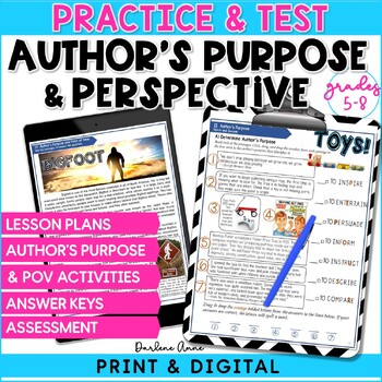 Preview of Author's Purpose and Author's Point of View Practice Worksheets and Test