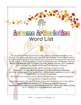 Preview of AUTUMN Articulation WORD LIST - B - Speckled Speech Therapy Materials