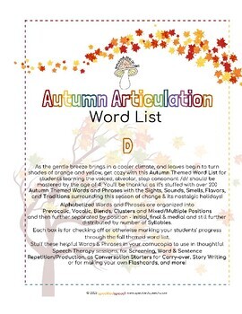 Preview of AUTUMN Articulation WORD LIST - D - Speckled Speech Therapy Materials