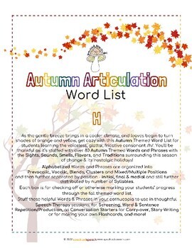 Preview of AUTUMN Articulation WORD LIST - H - Speckled Speech Therapy Materials