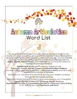 Preview of AUTUMN Articulation WORD LIST - J - Speckled Speech Therapy Materials