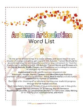 Preview of AUTUMN Articulation WORD LIST - K - Speckled Speech Therapy Materials