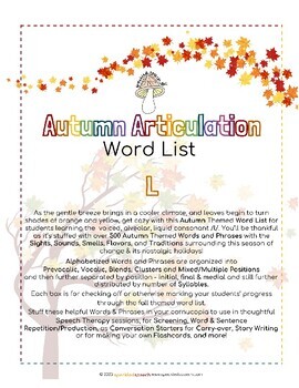Preview of AUTUMN Articulation WORD LIST - L - Speckled Speech Therapy Materials