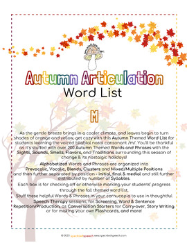 Preview of AUTUMN Articulation WORD LIST - M - Speckled Speech Therapy Materials