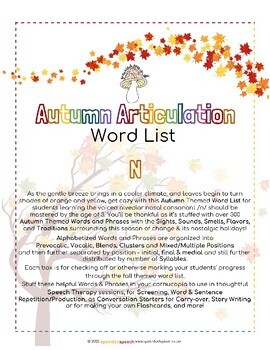 Preview of AUTUMN Articulation WORD LIST - N - Speckled Speech Therapy Materials