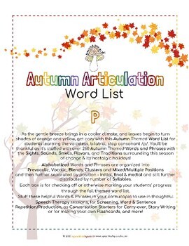 Preview of AUTUMN Articulation WORD LIST - P - Speckled Speech Therapy Materials