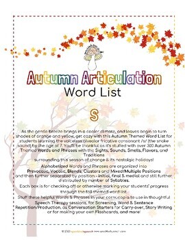 Preview of AUTUMN Articulation WORD LIST - S - Speckled Speech Therapy Materials