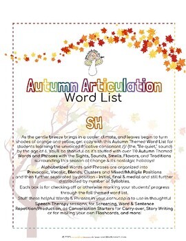 Preview of AUTUMN Articulation WORD LIST - SH - Speckled Speech Therapy Materials