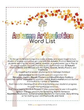 Preview of AUTUMN Articulation WORD LIST - ɾ - Speckled Speech Therapy Materials