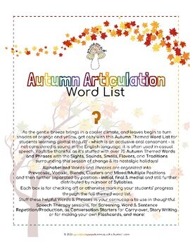 Preview of AUTUMN Articulation WORD LIST - ʔ - Speckled Speech Therapy Materials