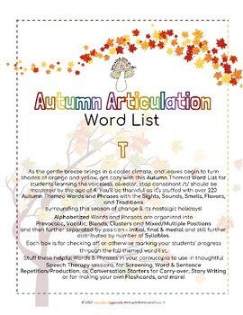 Preview of AUTUMN Articulation WORD LIST - T - Speckled Speech Therapy Materials