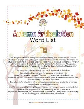 Preview of AUTUMN Articulation WORD LIST - TH - Speckled Speech Therapy Materials