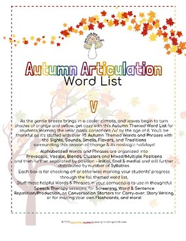 Preview of AUTUMN Articulation WORD LIST - V - Speckled Speech Therapy Materials