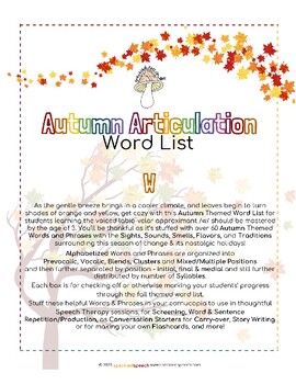 Preview of AUTUMN Articulation WORD LIST - W - Speckled Speech Therapy Materials