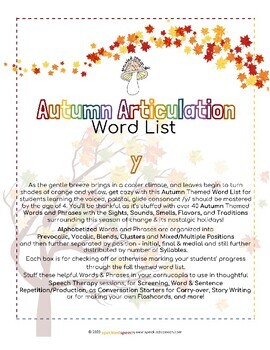Preview of AUTUMN Articulation WORD LIST - Y - Speckled Speech Therapy Materials