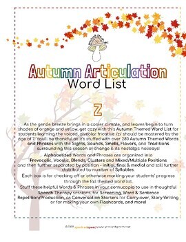 Preview of AUTUMN Articulation WORD LIST - Z - Speckled Speech Therapy Materials