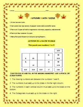 Preview of AUTUMN MATH PUZZLE: HAVE FUN FILLING IN THE MISSING NUMBERS  W/ANS.KEY