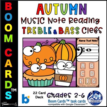 Preview of AUTUMN Music FALL BOOM CARDS™ Treble BASS Clef Notes Digital Task Activities