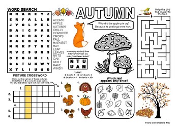Preview of AUTUMN SEASONS, Puzzle Placemat, crossword puzzles, UK English A4 printable