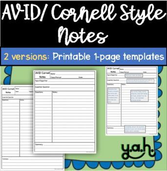 Preview of AVID Cornell Note taking template paper FNT summary printable 2 column example
