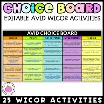 Preview of AVID Sub Plans - Editable WICOR Activities - Digital Choice Board