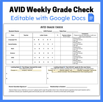 Preview of AVID Weekly Grade Check